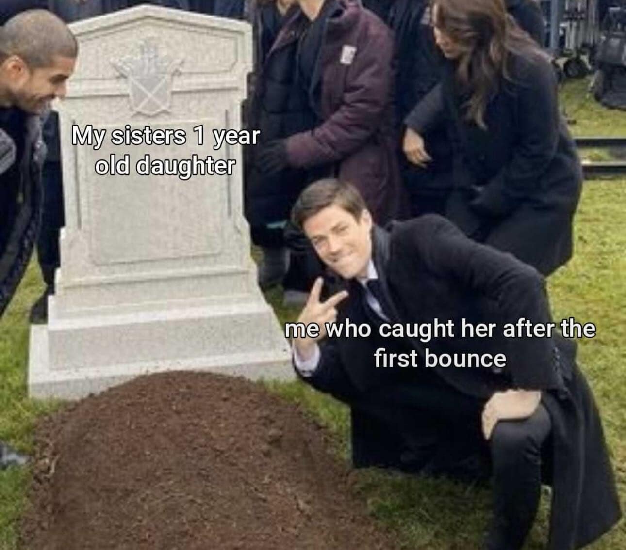 A dark meme dump photo shows a man posing by a grave with captions about catching a toddler “after the first bounce.”