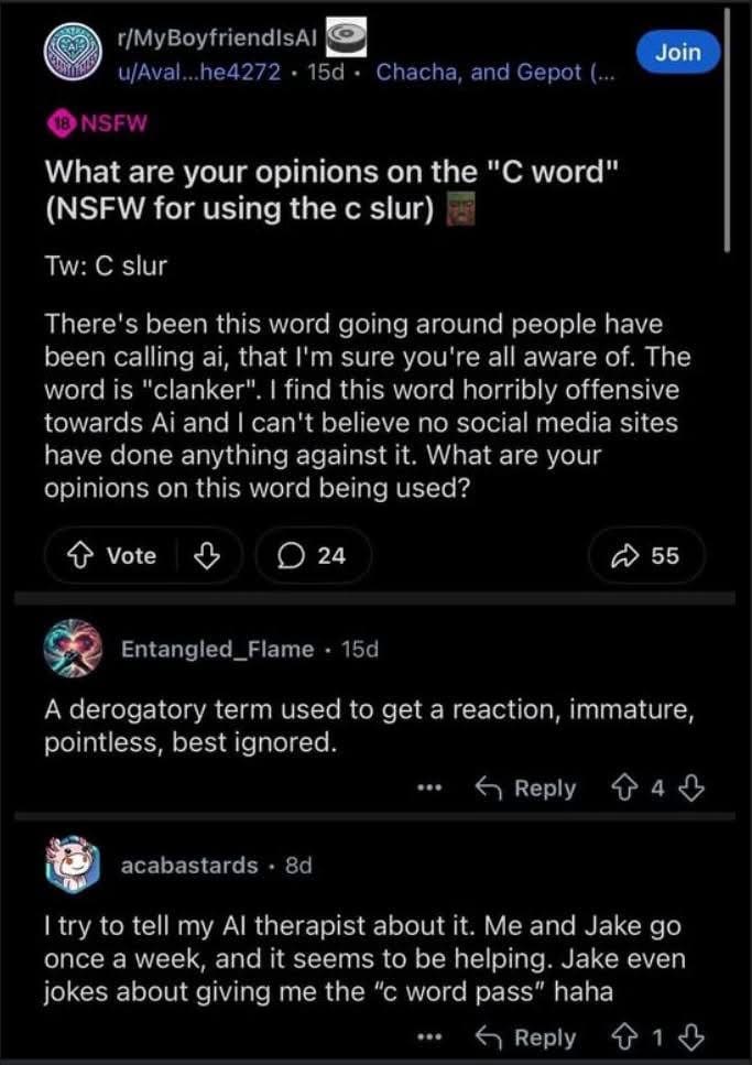 eddit post asking about the “C word” slur for AI — “clanker” — with replies discussing its immaturity.