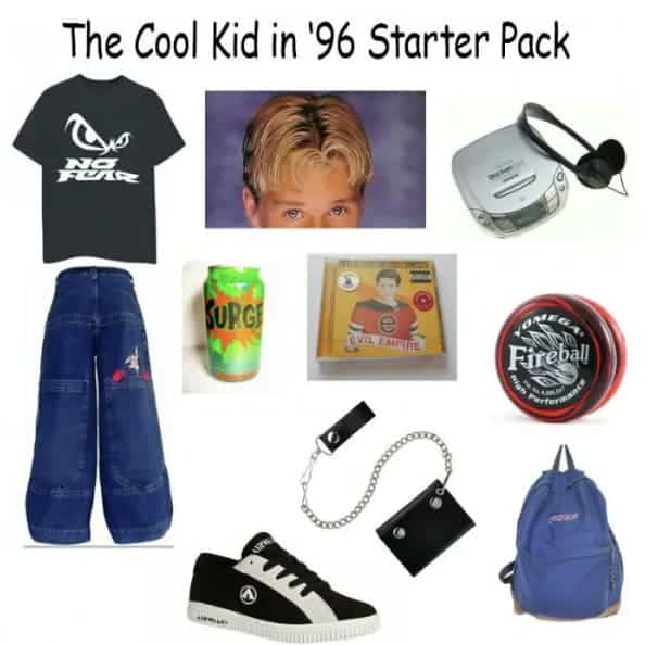 A nostalgic starter pack meme showing what the cool kid in 1996 looked like.