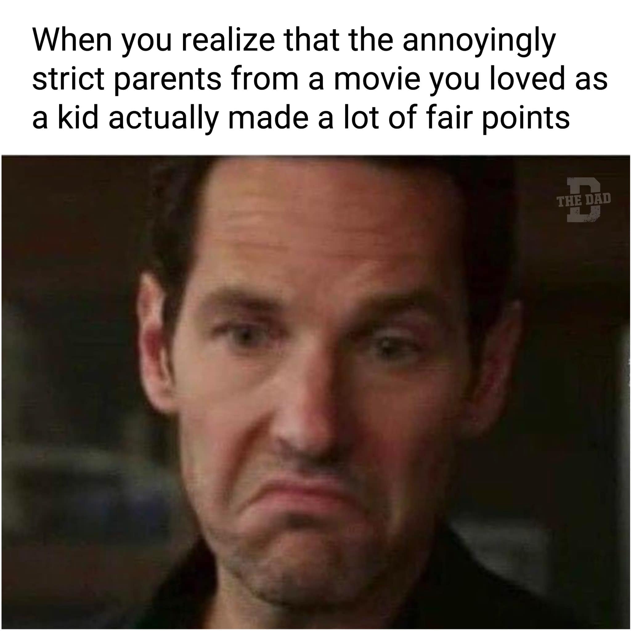 Close-up of paul Rudd making a skeptical, resigned frown with caption about strict parents being right.