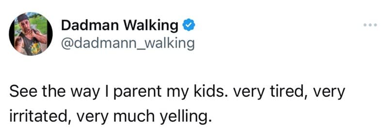 Tweet says parenting style is very tired, irritated, and yelling