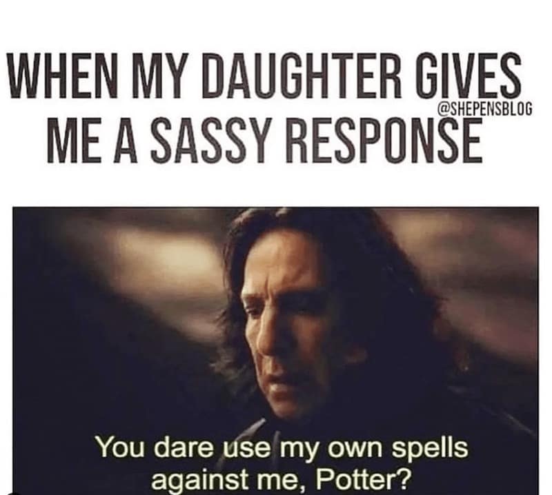 Stern robed teacher from a fantasy film with subtitle “You dare use my own spells against me?”