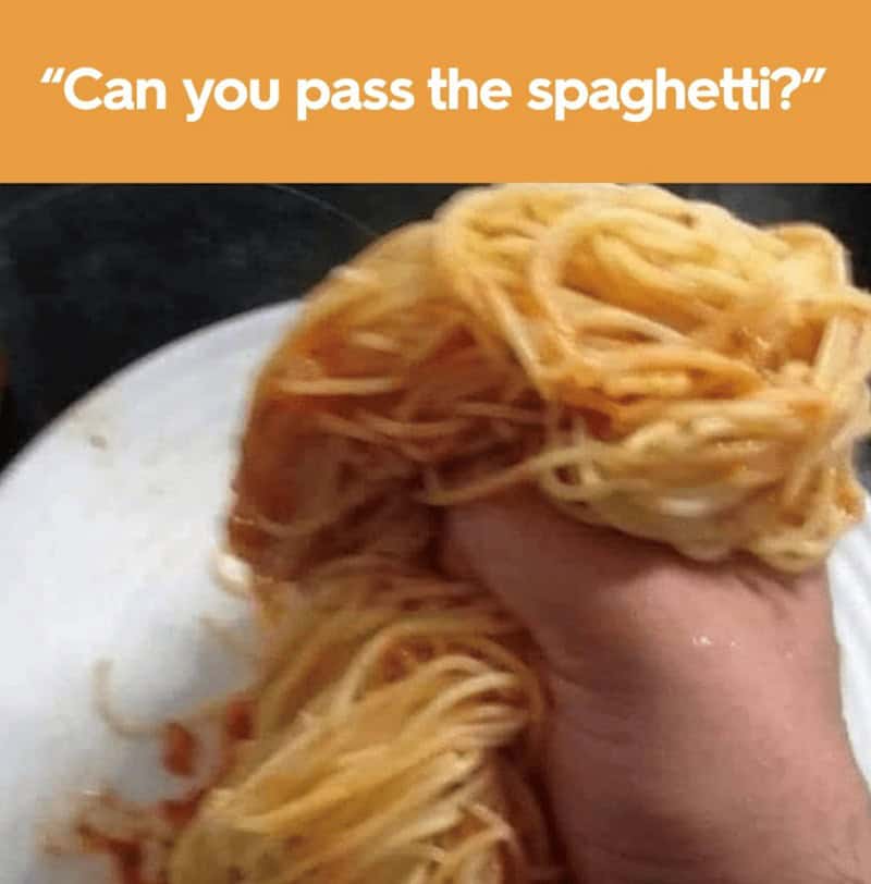 A cursed pasta meme showing someone grabbing a handful of spaghetti to pass it.