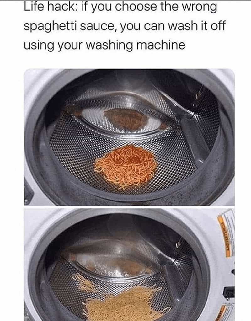 A cursed pasta meme showing spaghetti being "washed" in a washing machine as a fake life hack.
