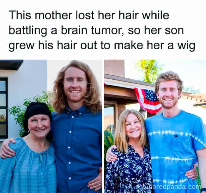 A positive post showing a son who grew his hair out to make a wig for his mom.