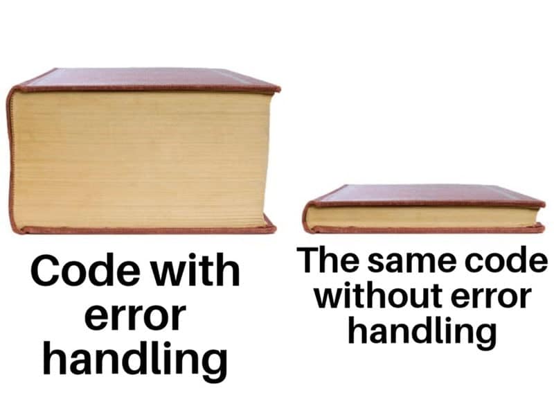 One of those programmer memes about error handling: huge book labeled code with error handling beside a thin book without it