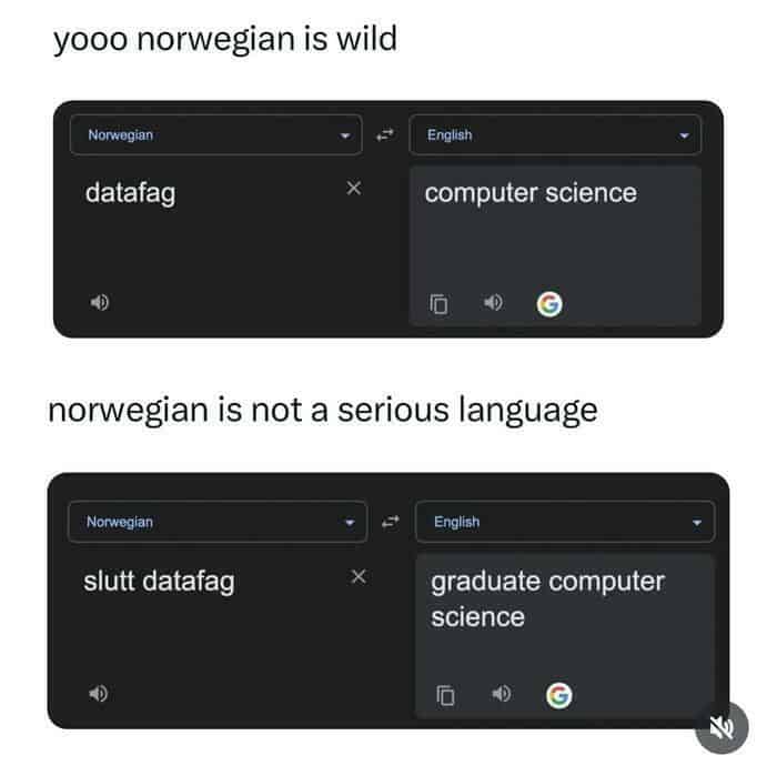 Programmer memes joke about a Norwegian tech term translating strangely into English for computer science