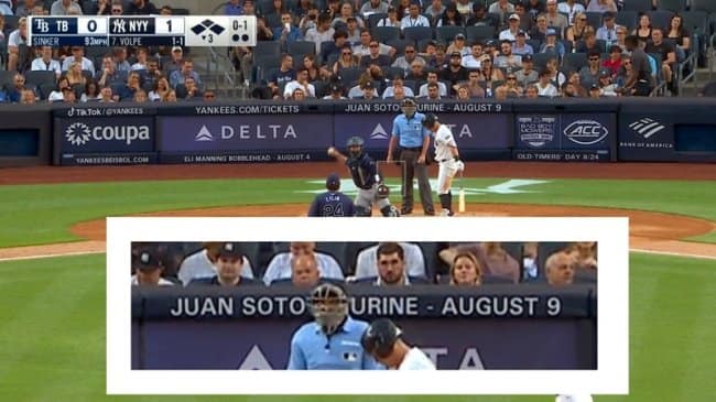 A funny baseball graphic where an umpire's head makes a stadium ad read "JUAN SOTO URINE".