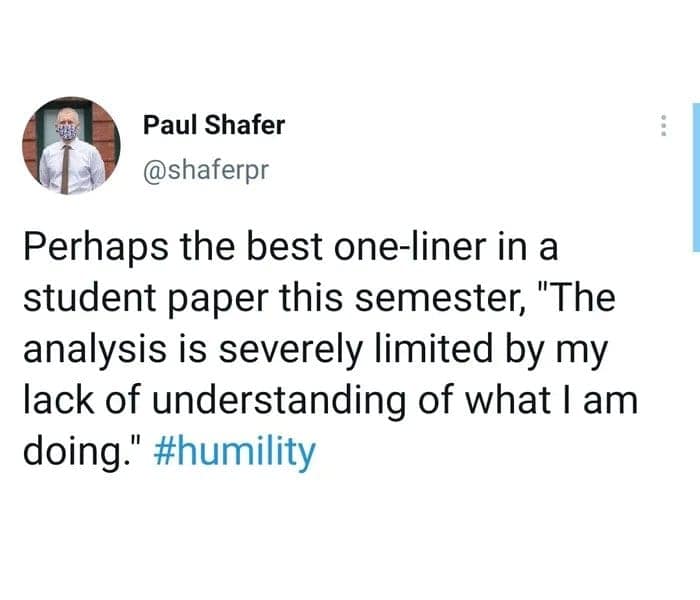 Tweet quoting a student admitting confusion in an academic paper.