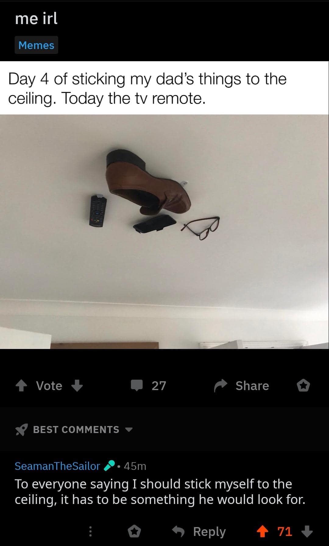 Photo of objects stuck to the ceiling as a prank.