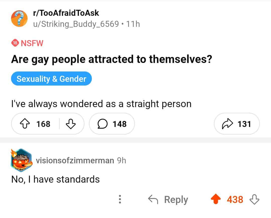 Reddit post asking if gay people are attracted to themselves.