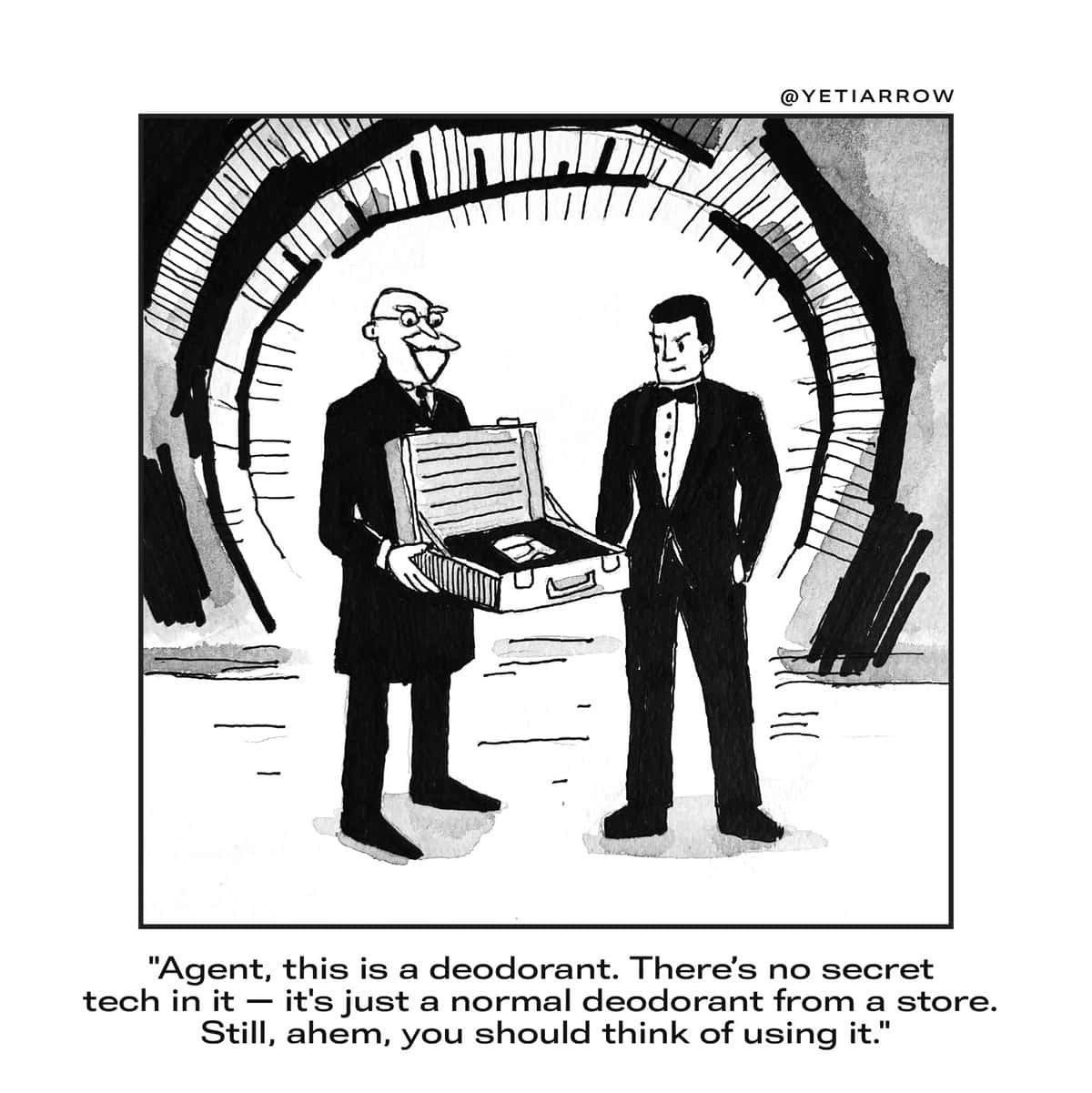 Single-panel comic: handler opens a briefcase to show a tuxedoed spy that it contains ordinary deodorant.