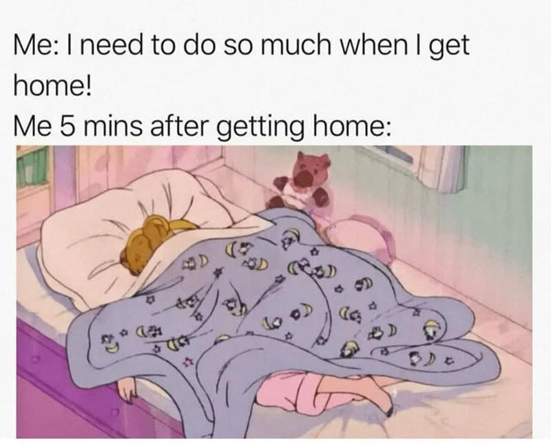 A sleepy meme from the anime 'Sailor Moon' showing a character passed out in bed right after getting home.