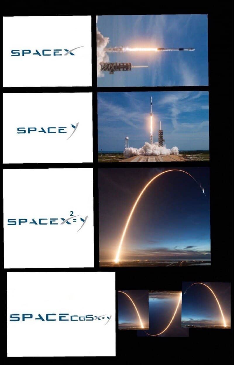 Four progressively distorted “SpaceX” logos (SpaceX, SpaceY, SpaceX²Y, SpaceCosXy) are paired with increasingly complex rocket trajectories.