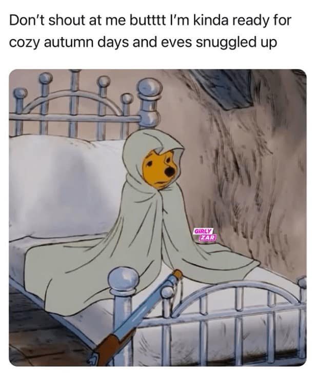 A cozy struggle meme with Winnie the Pooh showing the desire for upcoming autumn weather.