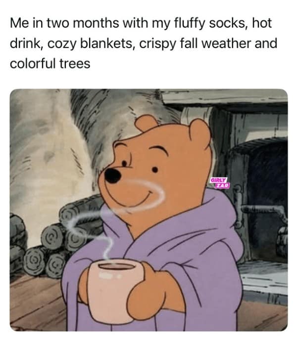 A cozy struggle meme with a happy Winnie the Pooh looking forward to autumn.