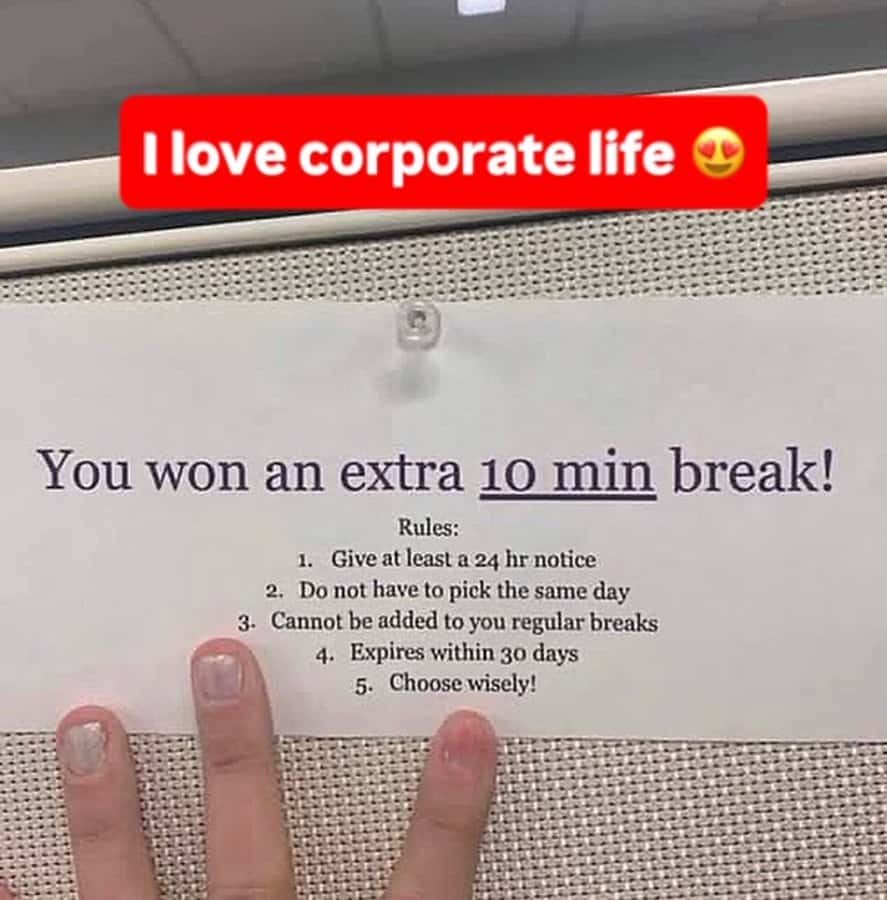 Corporate prize for 10-minute break with strict rules