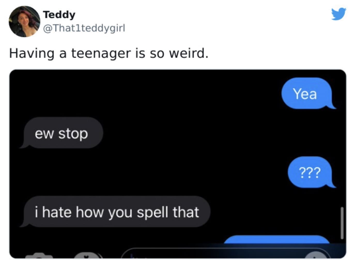 A text exchange in this teenager meme shows how even spelling “Yea” wrong can spark dramatic teen reactions.