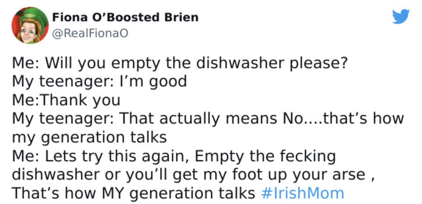 A relatable teenager meme showing the generational gap in communication between a parent and their teen through a dishwasher argument.