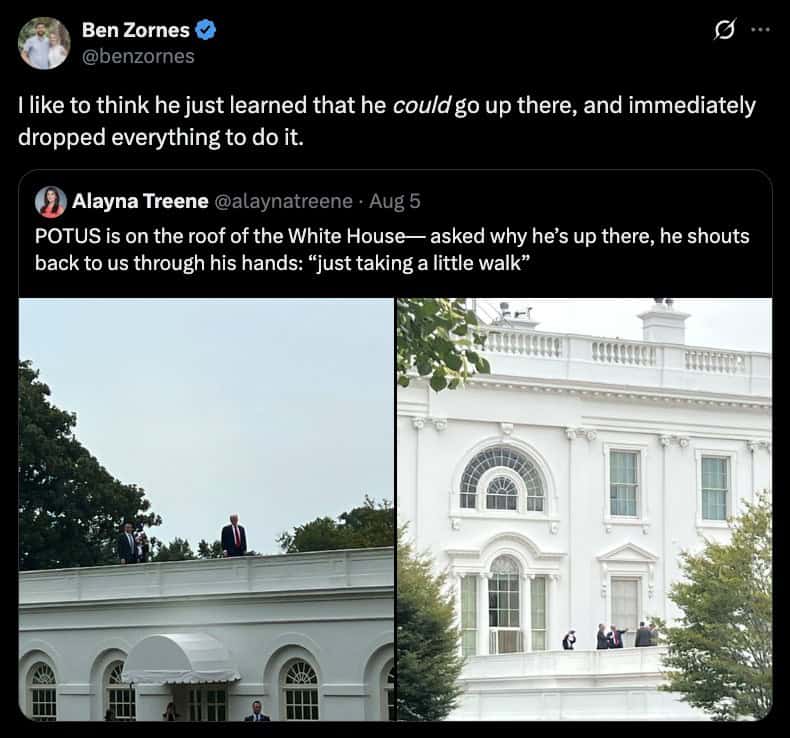Trump White House roof meme with a rooftop BBQ and political guests.