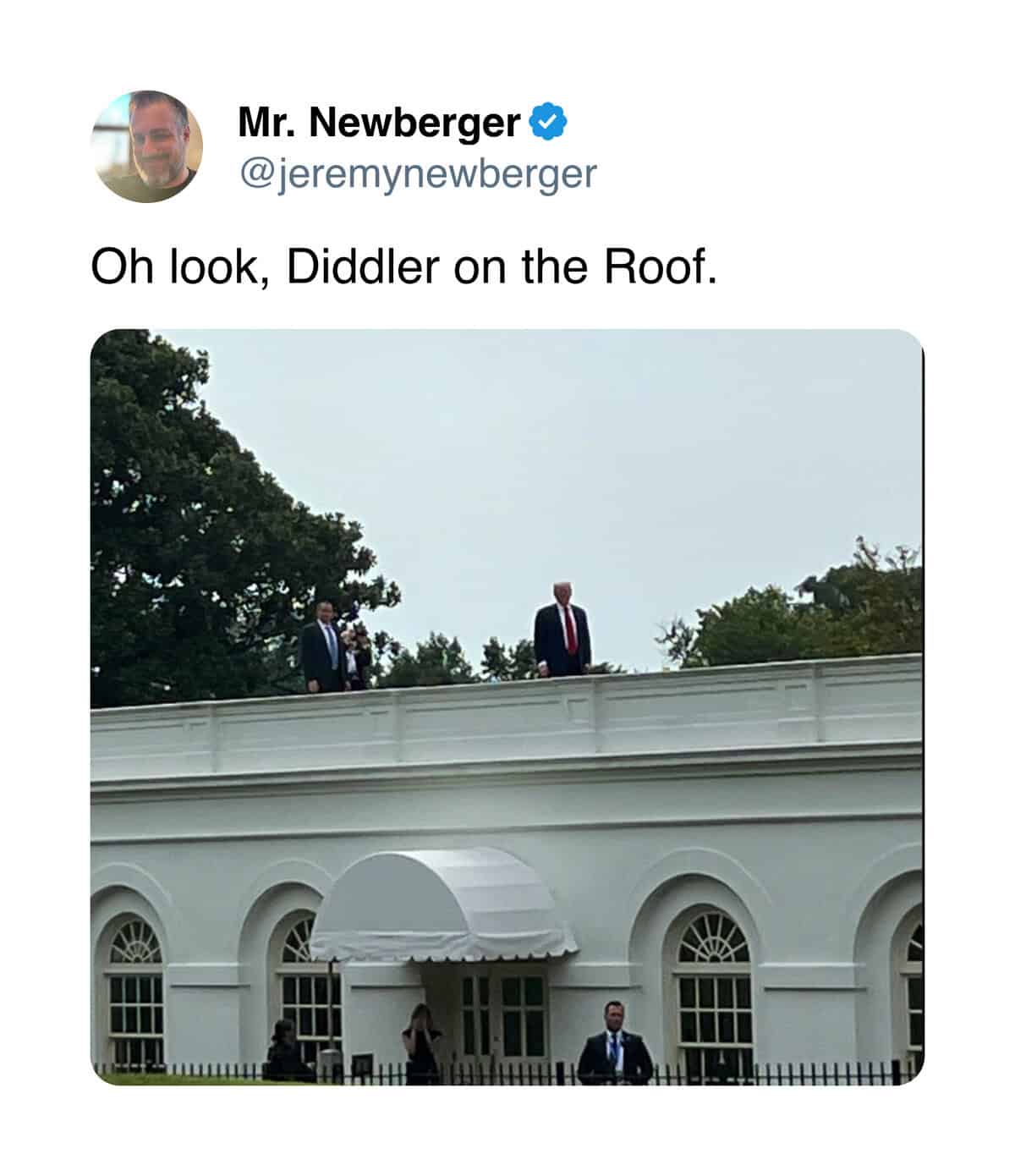 Trump White House roof memes featuring a “Diddler on the Roof” pun styled like a movie poster.