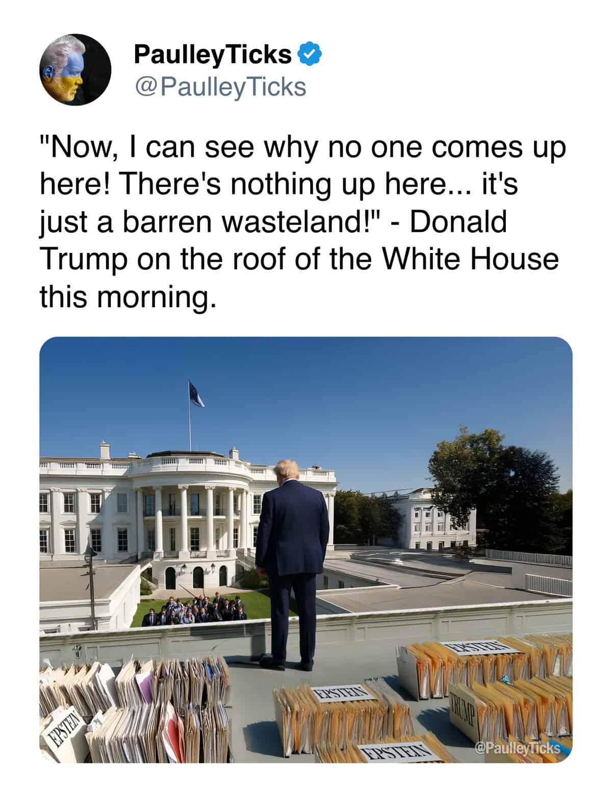 Trump White House roof meme showing a giant inflatable figure on the roof.