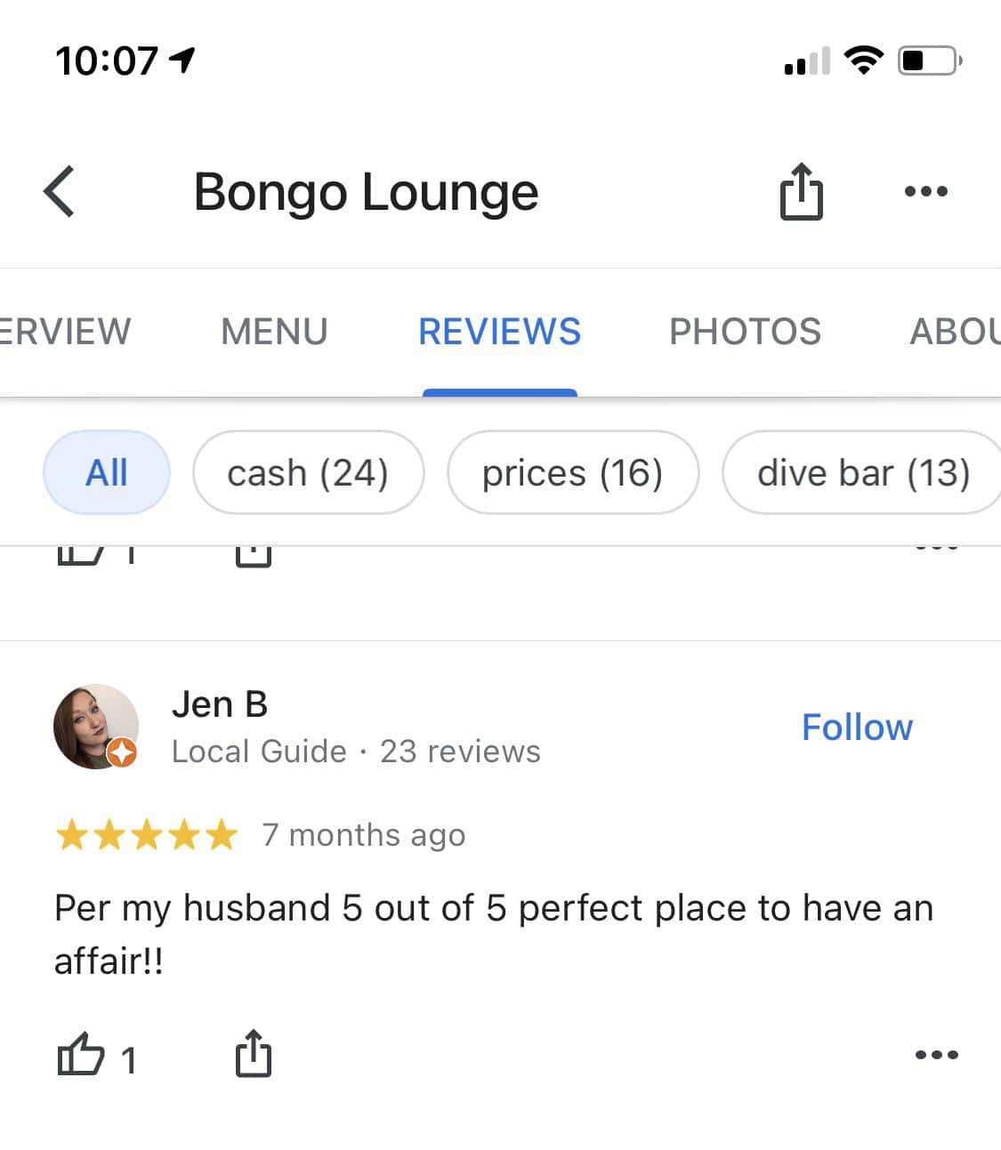 A five-star review from a woman quoting her husband’s endorsement of a lounge for affairs.