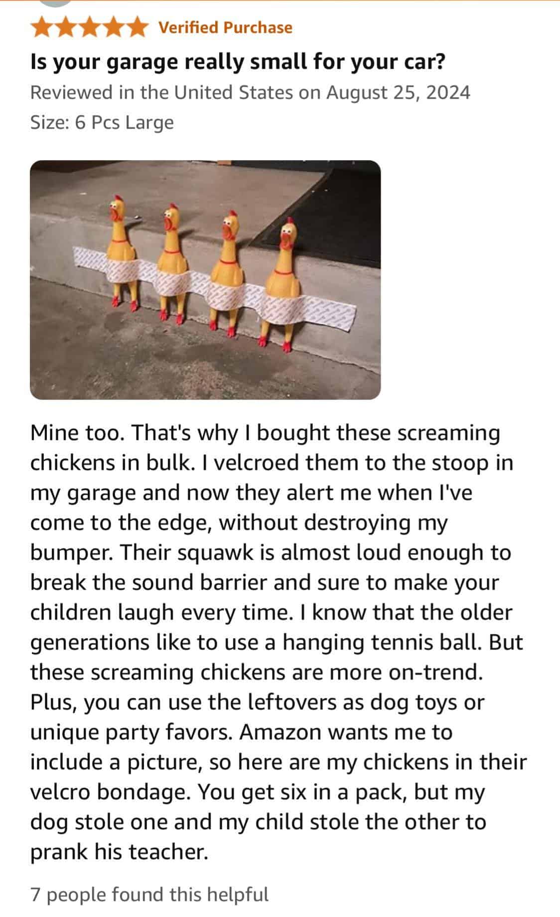 squeaky rubber chickens velcroed to a garage wall, with a humorous Amazon review.