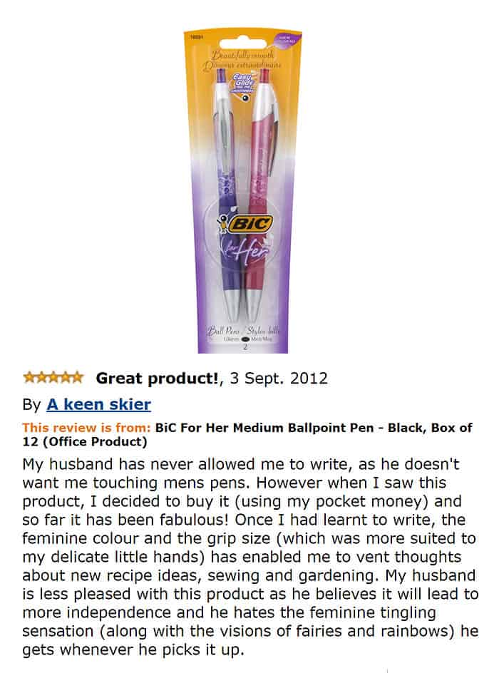 A sarcastic Amazon review for gendered pens claiming they finally enabled a woman to write.