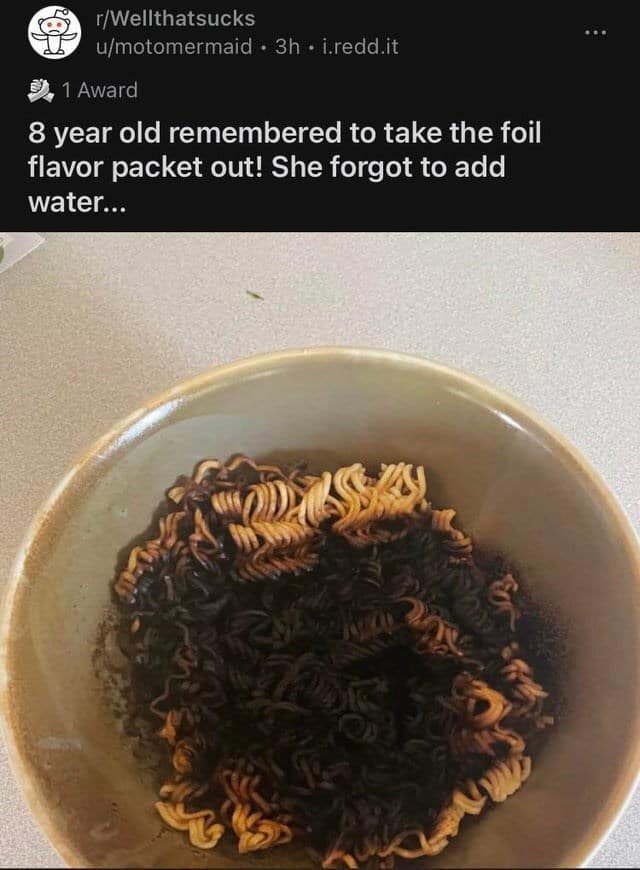 Burnt ramen noodles in bowl after forgetting to add water