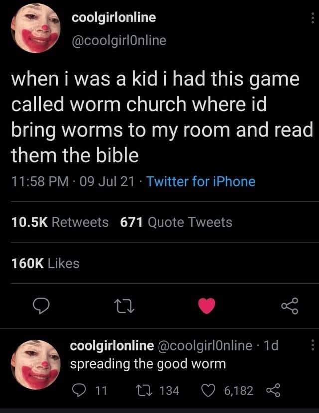 Tweet about childhood game called “worm church” involving worms and the Bible