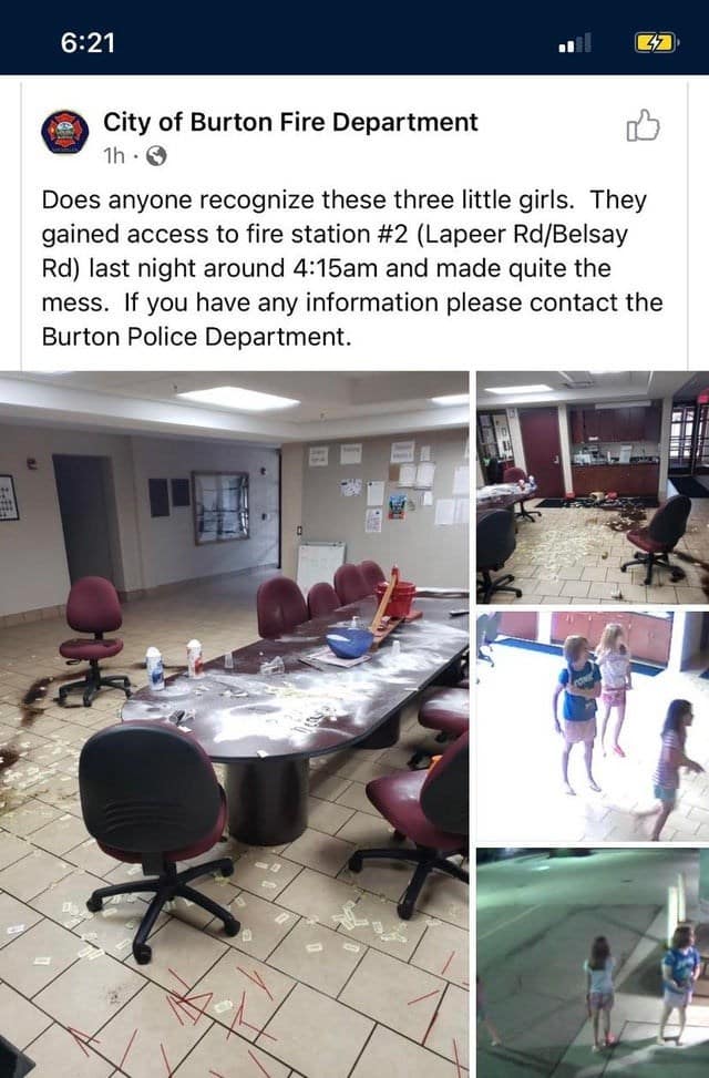 Fire department asking for help identifying kids who trashed the station