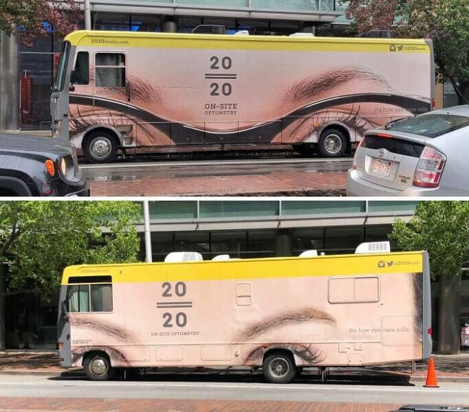 One of the worst ads, an optometry van with a creepy eye design due to wheel placement.