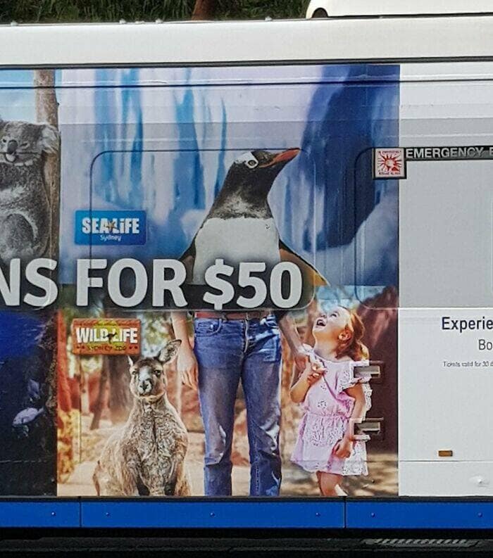 One of the worst ads, a bus ad that creates a strange human-penguin hybrid creature.