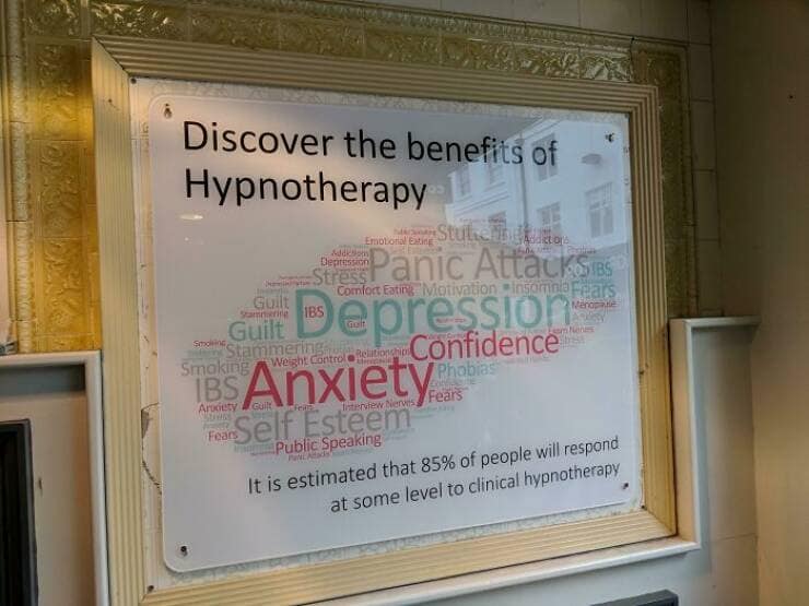 One of the worst ads for hypnotherapy that highlights negative words like "Depression" and "Anxiety."