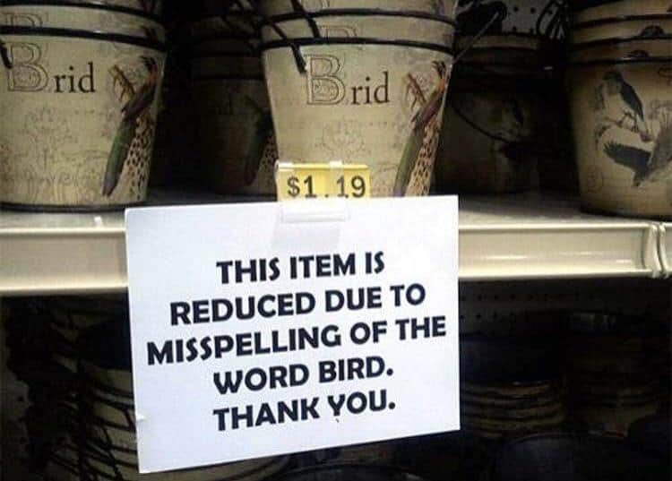 A "you had one job" fail where tins are on sale because "bird" was misspelled as "brid".