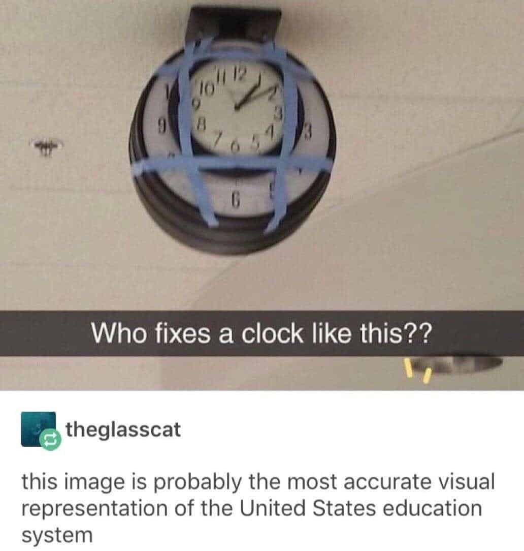 A "you had one job" meme of a broken clock that was "fixed" using blue painter's tape.