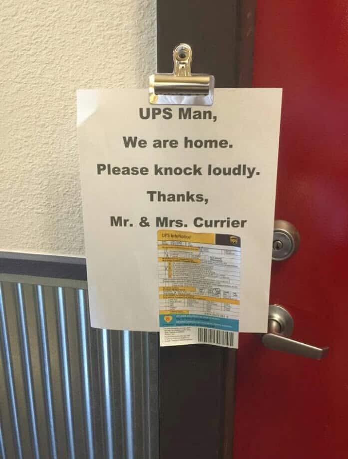 A "you had one job" fail where the UPS driver left a missed delivery slip on a note asking him to knock.