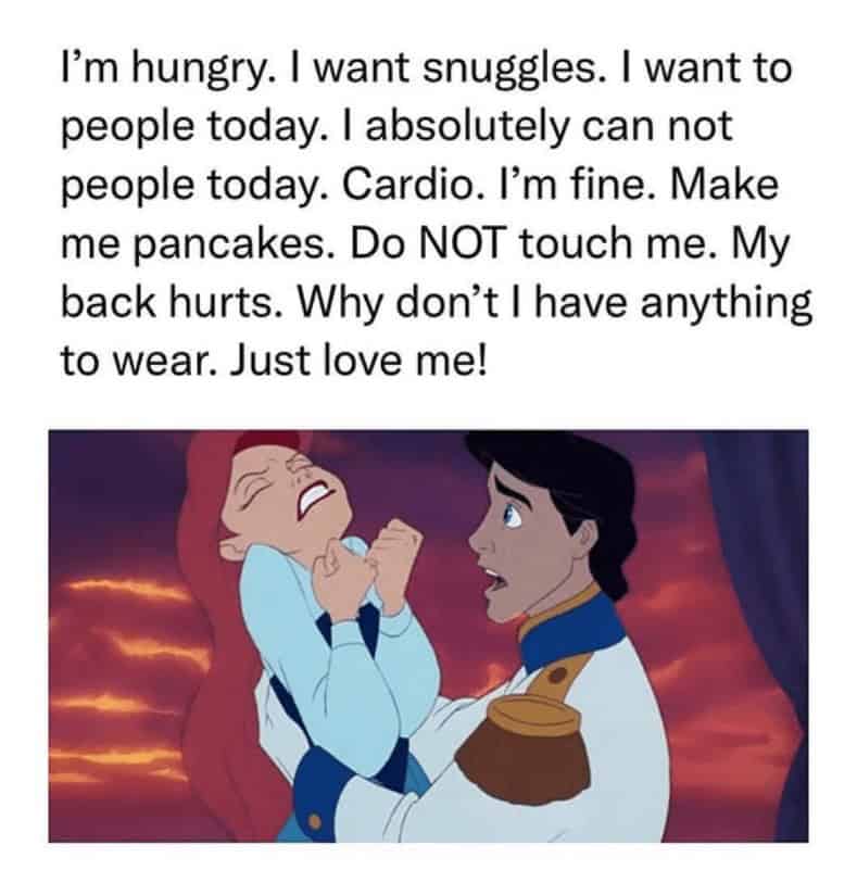 A Disney relationship meme using Ariel to show a stream of conflicting thoughts to a partner.
