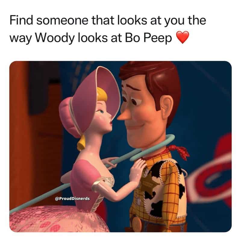 A Disney relationship meme about finding someone who looks at you like Woody looks at Bo Peep.