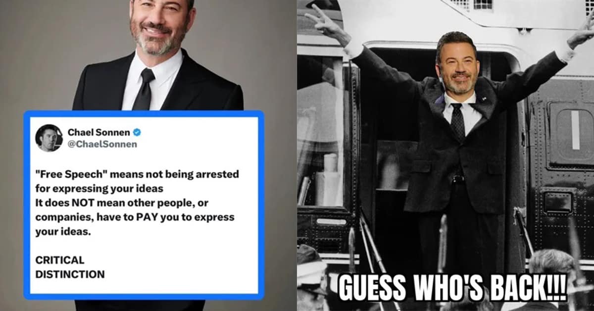 A collage of funny Jimmy Kimmel memes reacting to his recent, fictional 2025 suspension and reinstatement controversy.