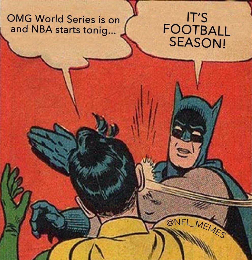 Classic comic panel of a caped hero slapping his sidekick, speech bubbles arguing other sports versus “It’s football season!”