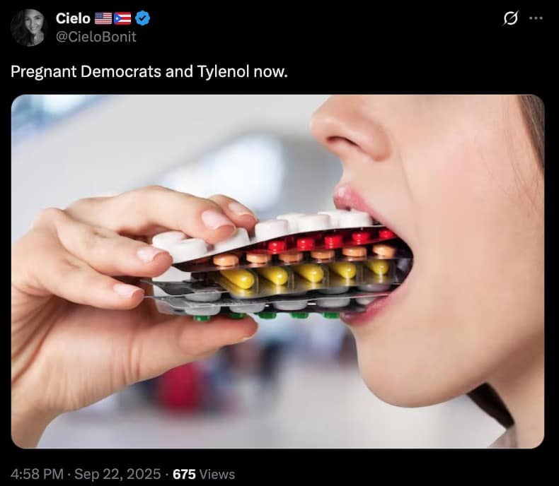 A Trump Tylenol meme showing a woman eating many pills, joking about pregnant Democrats and Tylenol.
