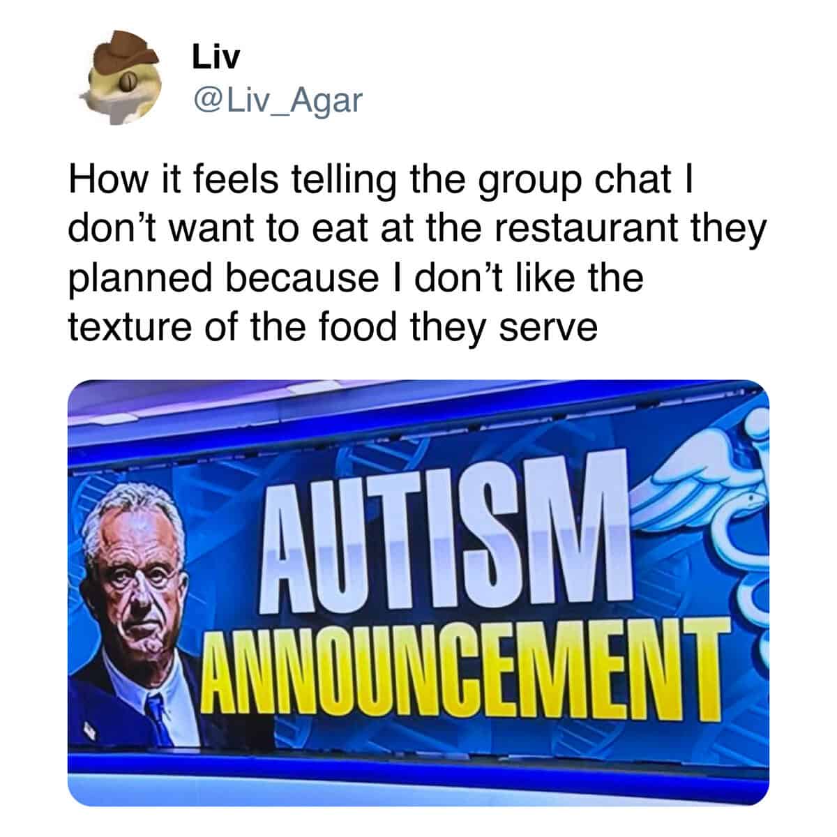 A Trump Tylenol meme using the "Autism Announcement" image to joke about food textures.