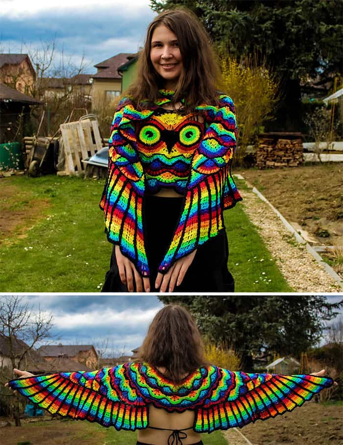 An amazing crochet project of a rainbow owl shawl that opens up into giant wings