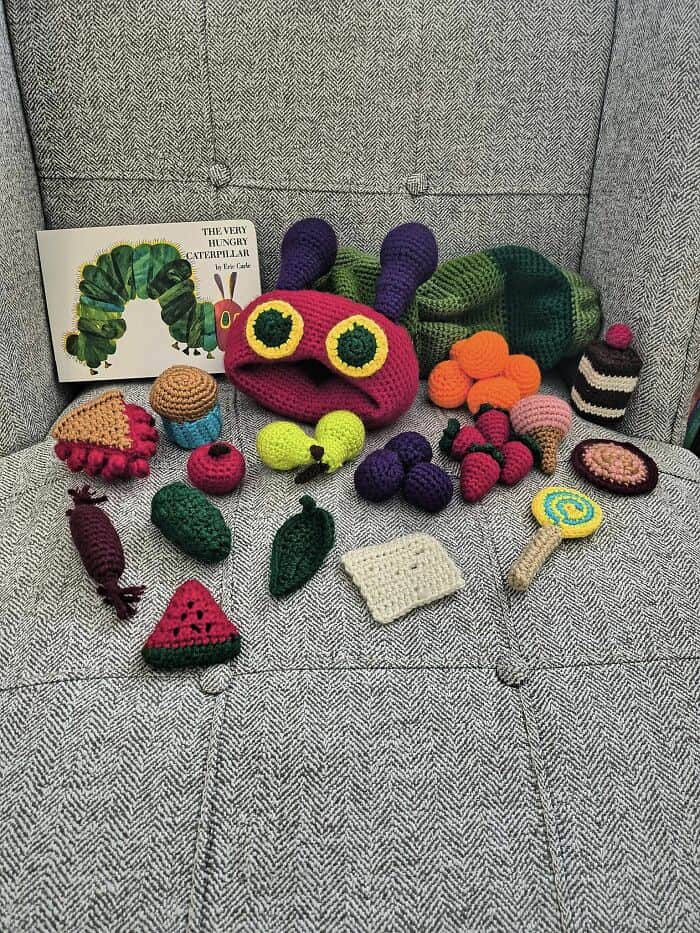 An amazing crochet set of The Very Hungry Caterpillar and all the foods he ate.