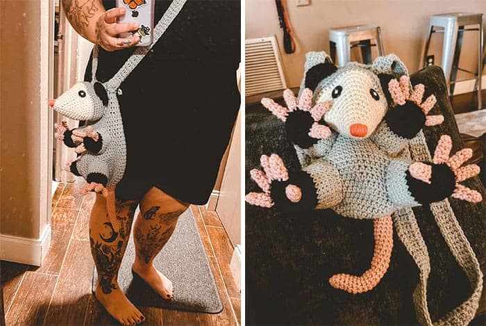 An amazing crochet creation of a realistic opossum that is also a wearable purse