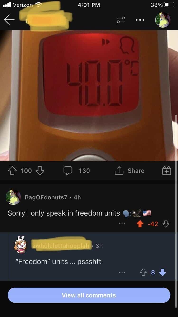 A Reddit comment about "freedom units" (Fahrenheit) gets heavily downvoted on a post showing a Celsius temperature.