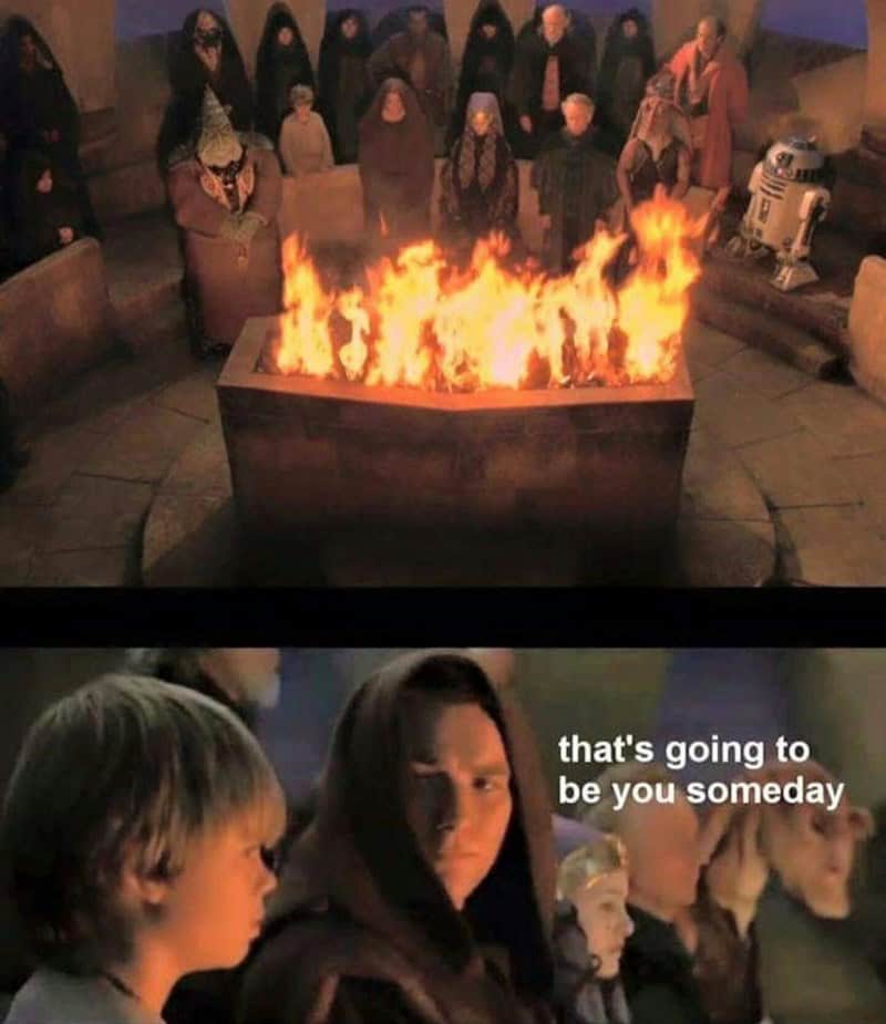 A dark humor meme where Obi-Wan Kenobi tells young Anakin that Qui-Gon Jinn's funeral pyre is his future.