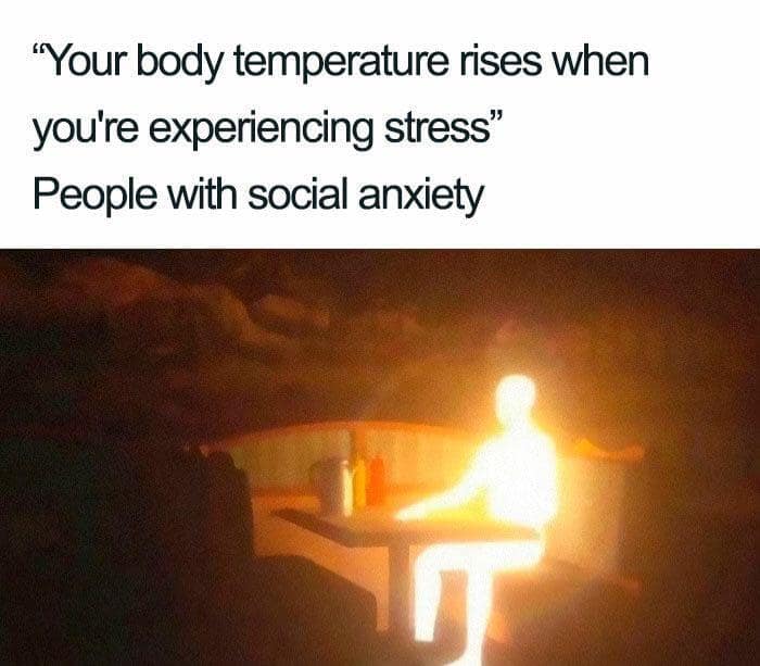 Glowing white silhouette seated at a table; caption about body temperature rising with stress; “People with social anxiety.”